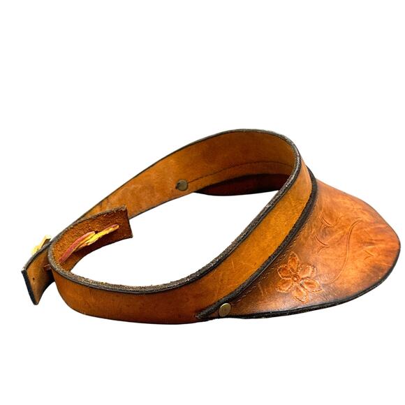 VTG Leather Hand Tooled Floral Sun Visor Brown Boho Hippie 70s Festival Western - Picture 8 of 16